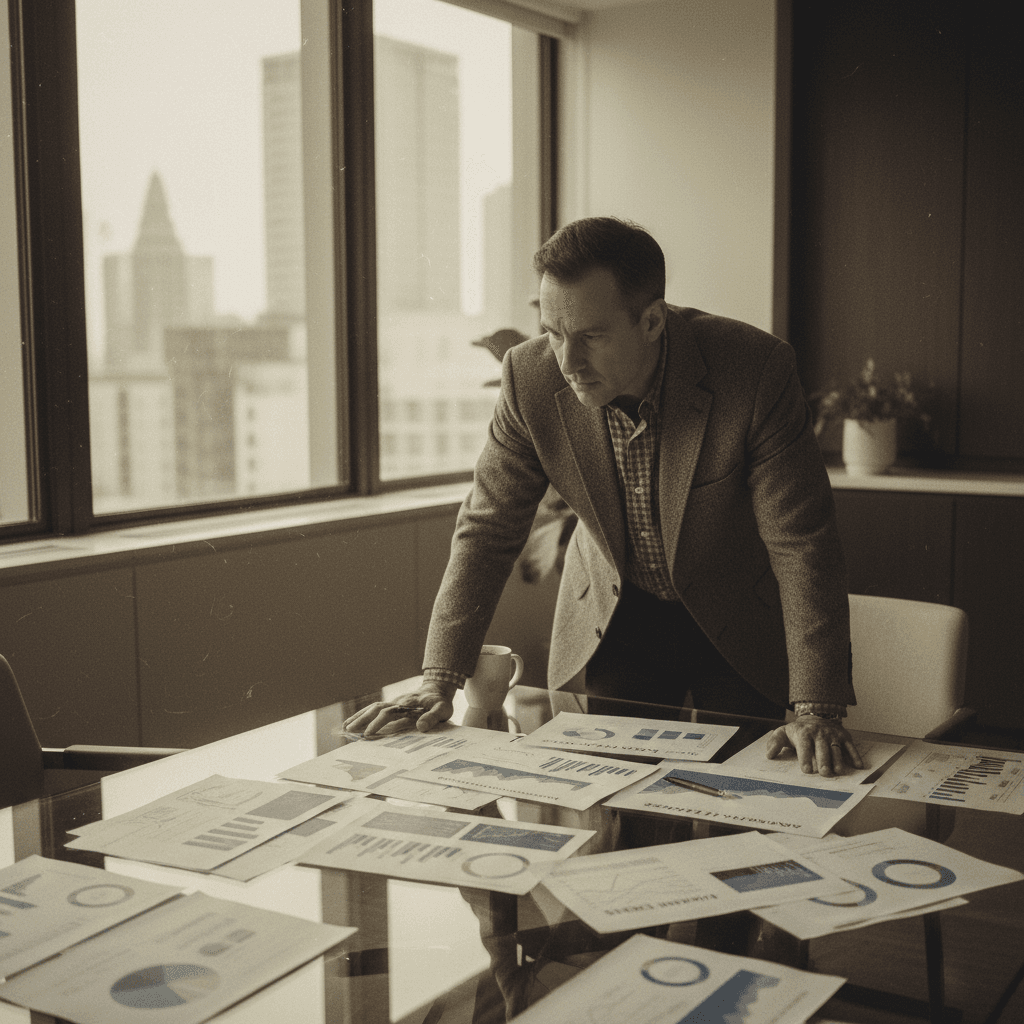 A vintage film photography aesthetic wide shot of a real estate investor reviewing market comparison reports spread across a glass conference table.
